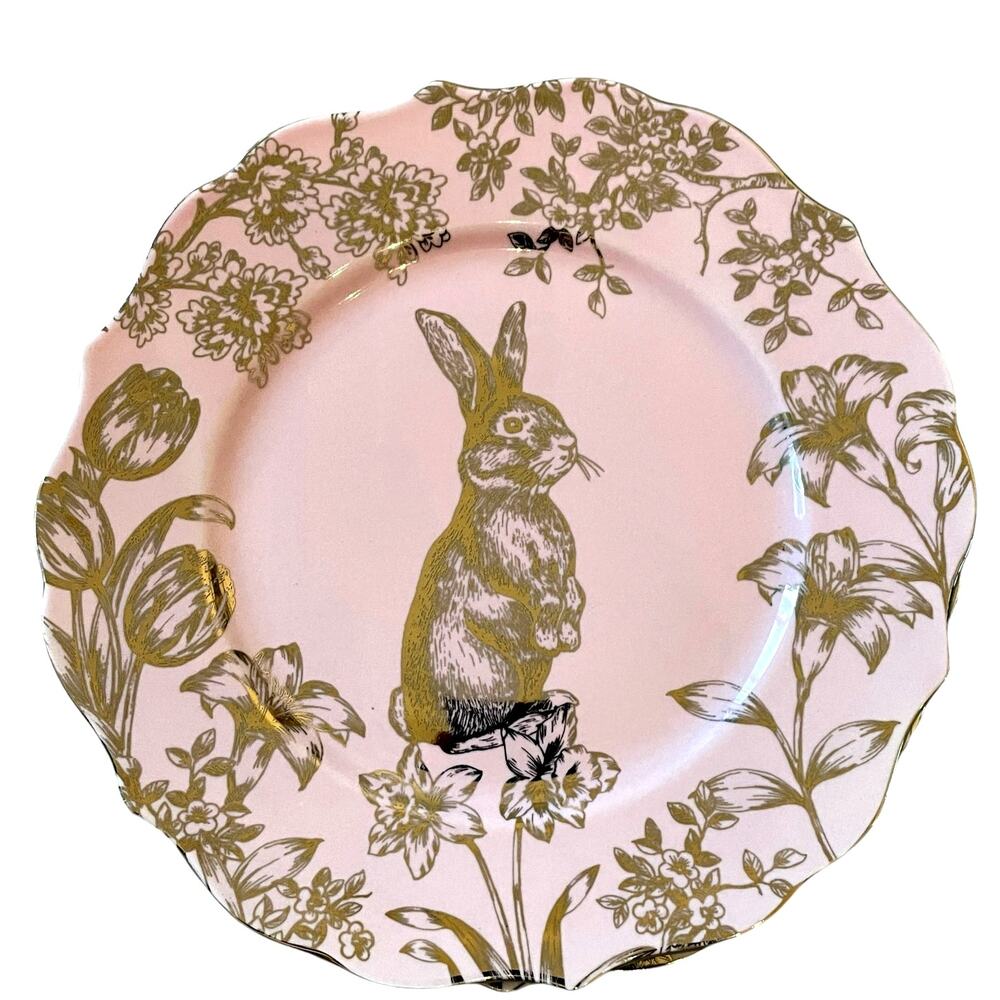 222 Fifth Pink Gold Bunny Hill 10.75” Porcelain Dinner Plates Easter Set/4 New